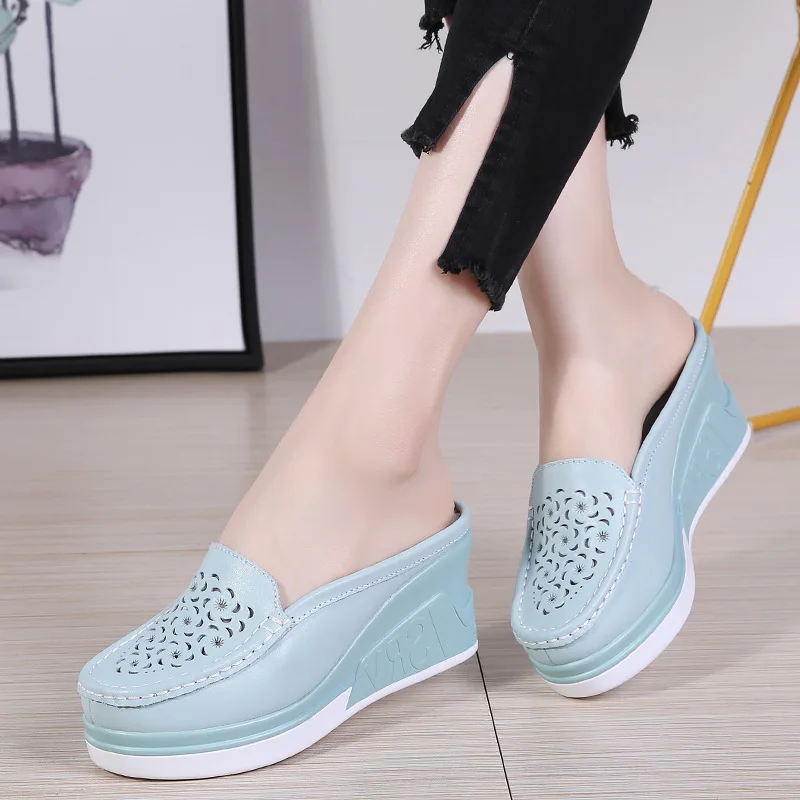 Spring new Summer Women Platform Slipper pattern Floral Flats Breathable Leather Casual Shoes Slip-on comfortable Nurses shoes