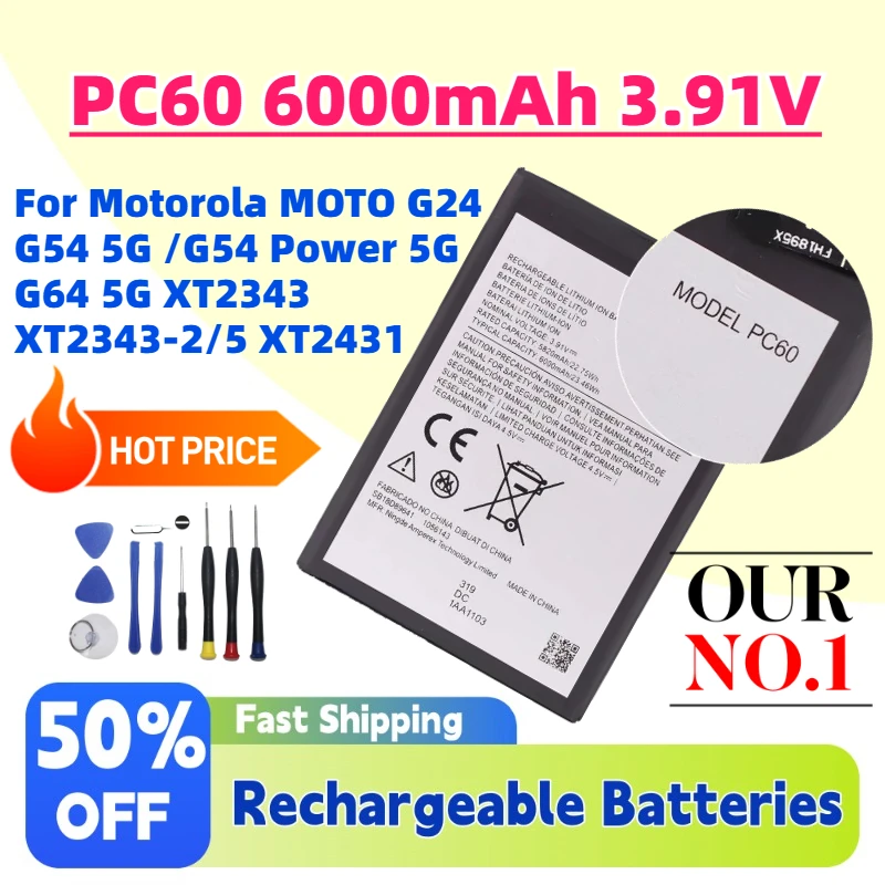 

For Motorola MOTO G24 G54 5G /G54 Power 5G G64 5G XT2343 XT2343-2/5 XT2431 Hot Sale New PC60 6000mAh 3.91V Phone Battery +Tools