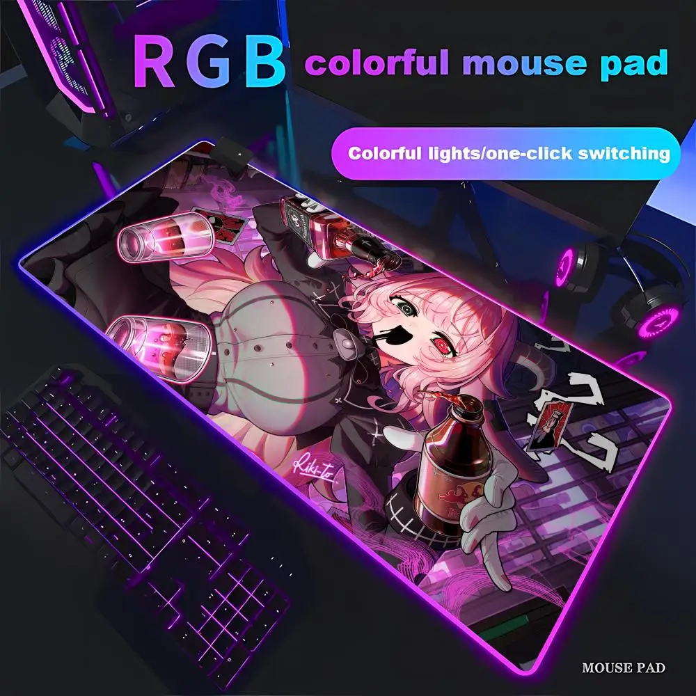 HYBXAXC Gothic Pink Horn Demon Girl Gaming Mouse Pad  RGB Gaming Mouse Pad HD Gamer Large LED Light XXL PC Computer Non-slip
