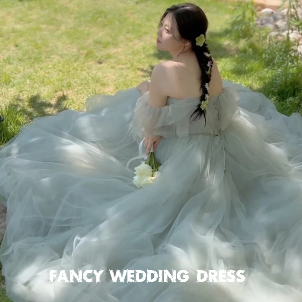 

Fancy Korea Garden Wedding Dress Photo Shoot Off Shoulder Light Green Bridal Gown A Line Soft Tulle 웨딩드레스 Custom Made