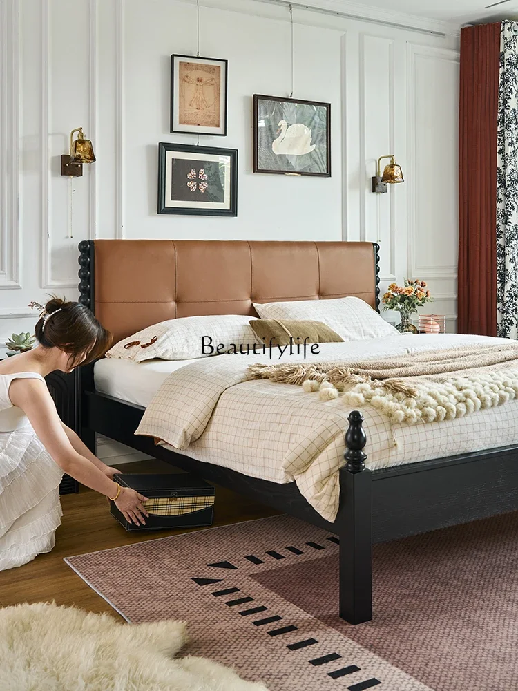

02 ls 18French retro solid wood soft bag bed household bedroom double light luxury high-end leather art bed