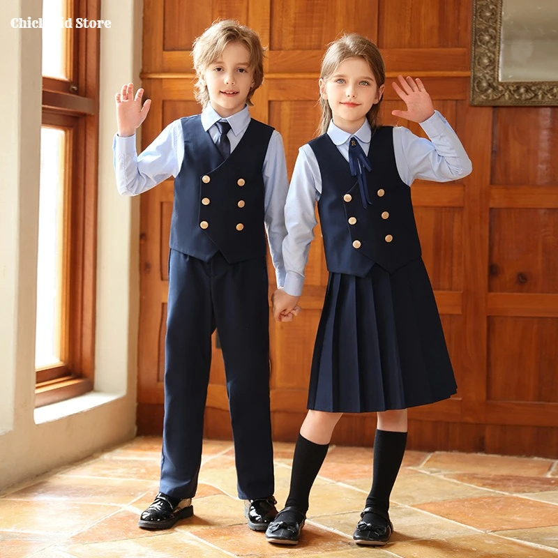 

Британский жилет для мальчиков, костюм, брюки, жилет для девочек, юбки-миди, комплекты детской студенческой одежды, деловые костюмы, детская школьная форма