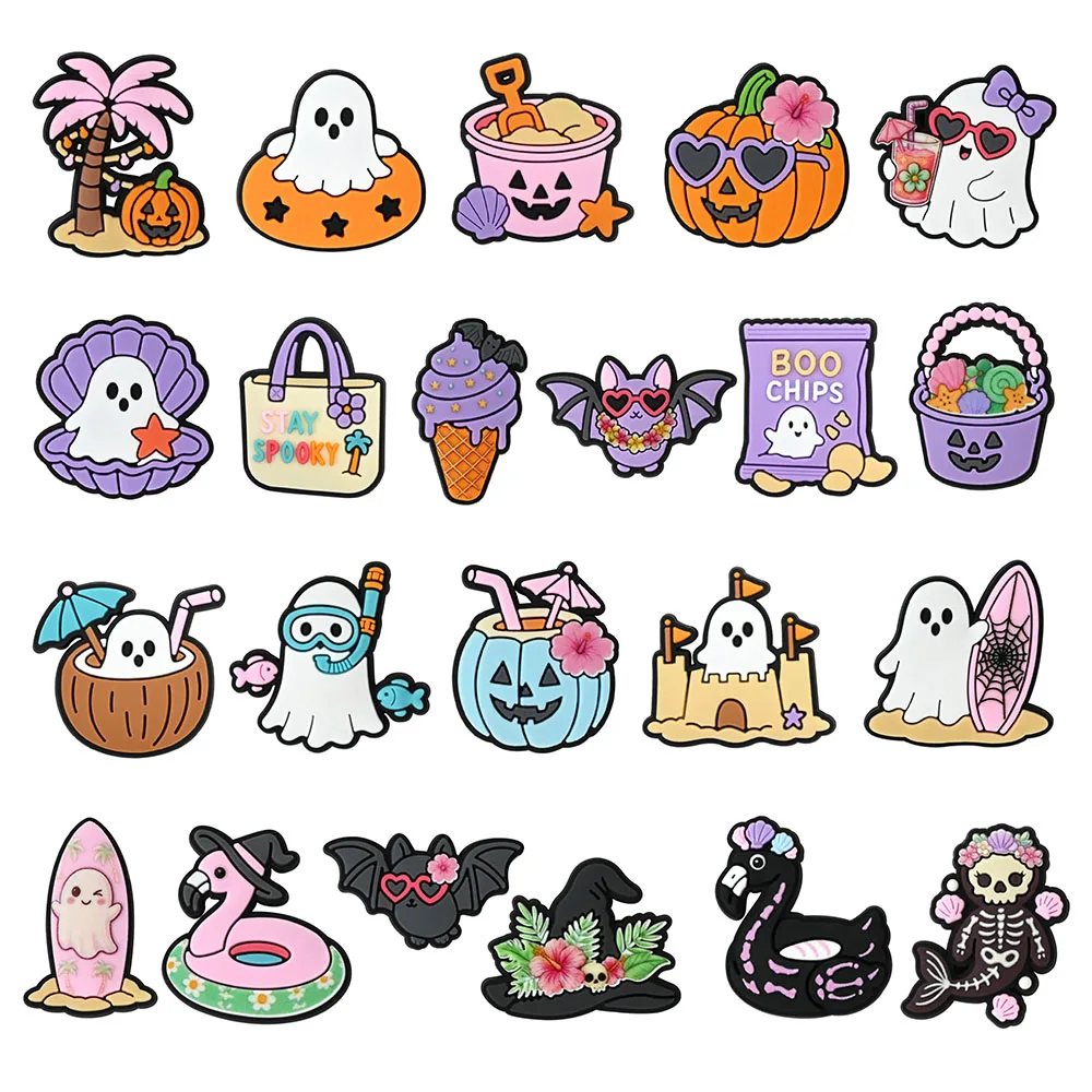 22-30Pcs Halloween Pumpkin Ghost Shoe Charms for Crocs, Clogs Slides Shoe Accessories DIY Shoe Decoration Buckle Party Gifts