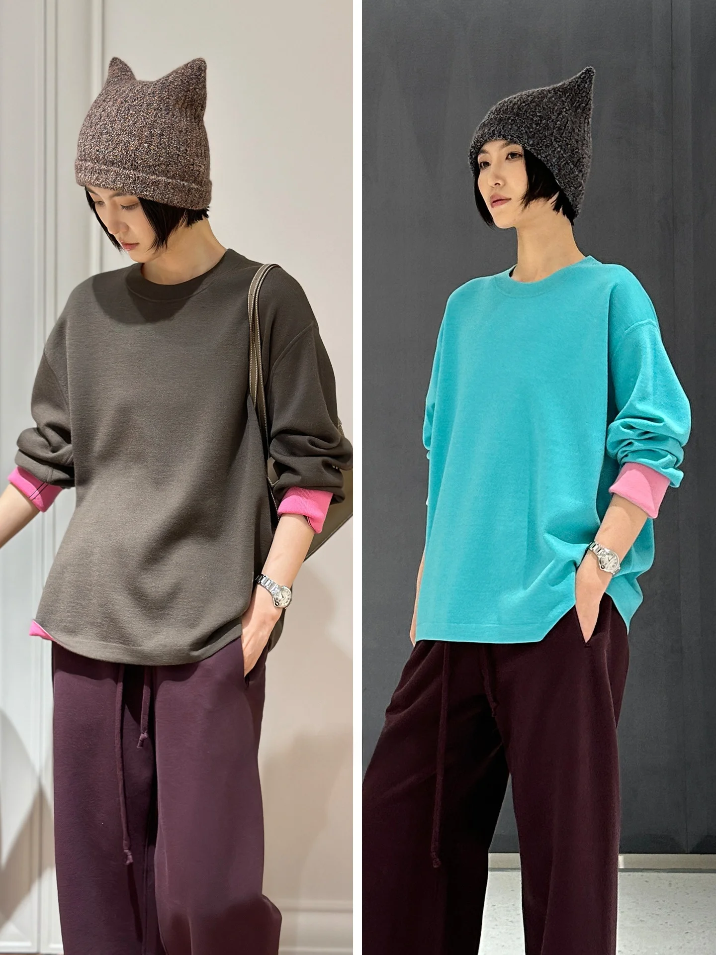 

Double-Sided Tape Knitted Woolen Top 8 Needles Long Sve Beautiful Color Contrast Women's Casual round Ne Sweater