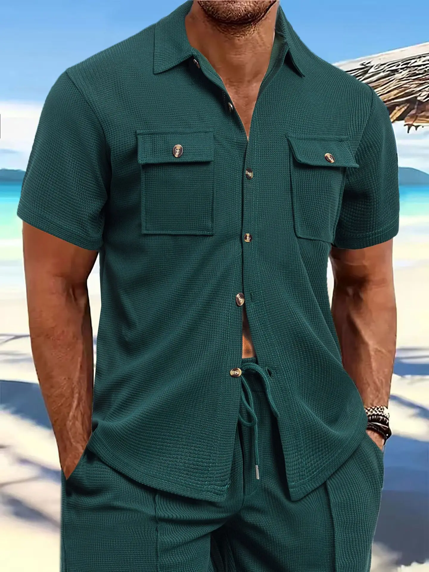 Summer Men's Waffle short-sleeved loose shirt Casual solid color lapel button pocket Stylish All-match comfortable shirt top