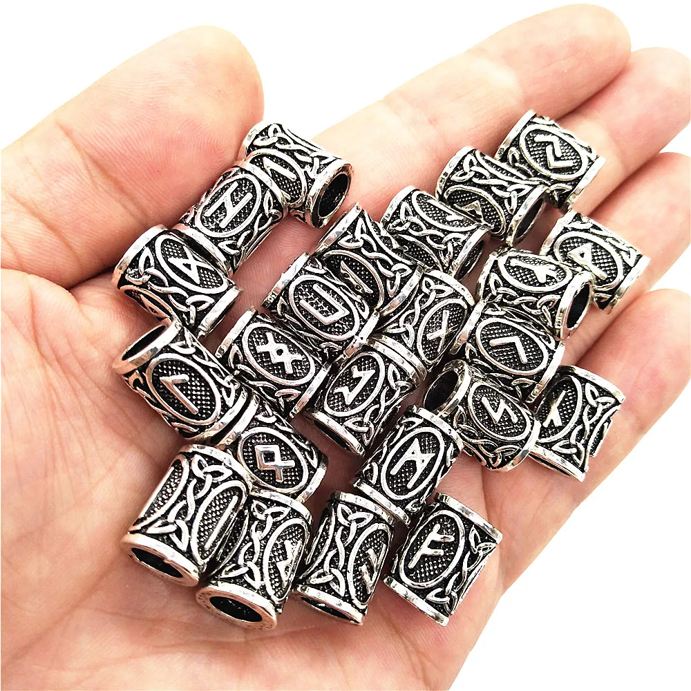 24Pcs Runic Runes Metal Beads Viking Jewelry Bead For Hair Beard Braided Charms Bracelet Making Jewerly Craft Wholesale Supplies