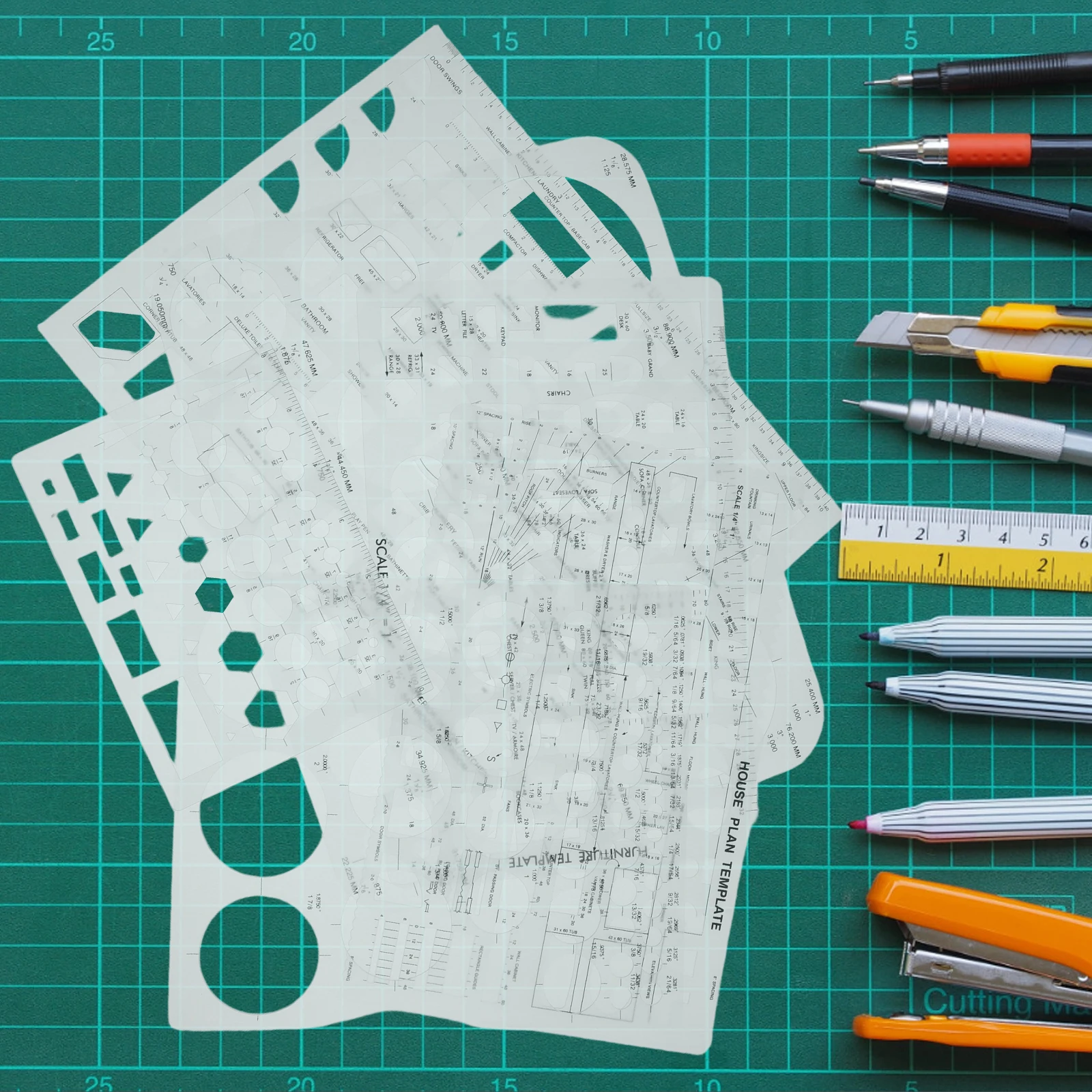 6 pcs Plastic Geometric Drawing Templates Hollow Shape Stencils For School Office Diy Art Projects Circle Triangle Square Ruler