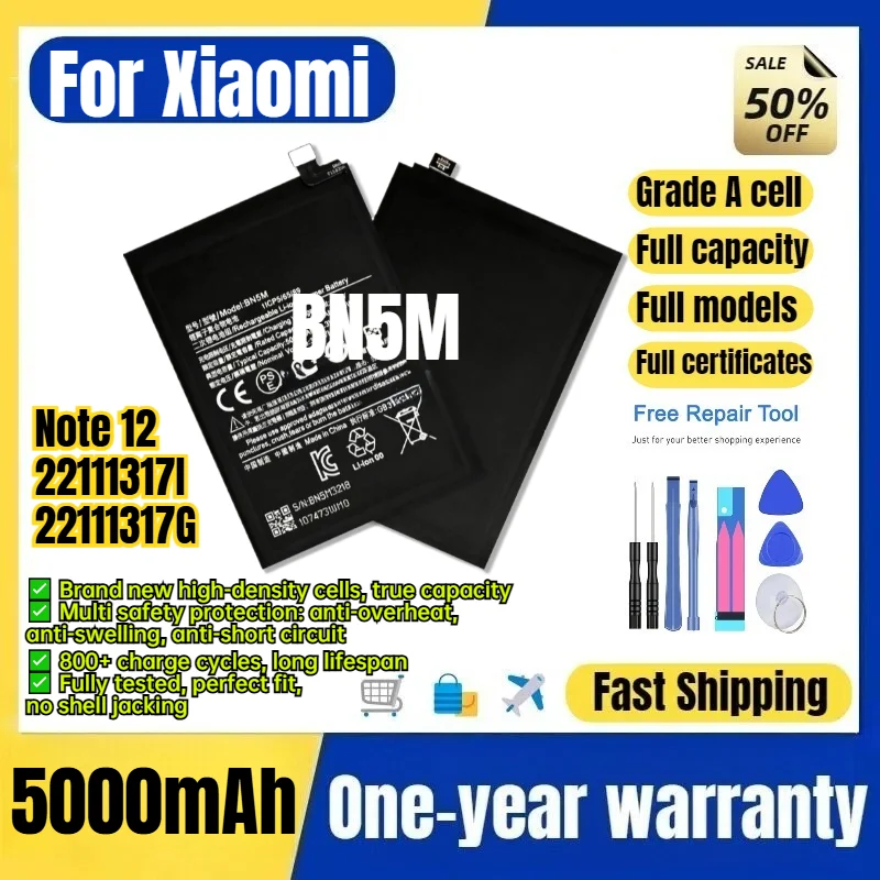 BN5M for Xiaomi Note 12/22111317I/22111317G Phone Battery 0 Cycle High Capacity Battery Replacement Bateria Grade A Cell Tools