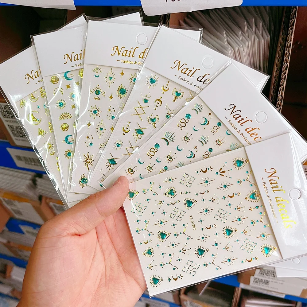 

1Pc Blue Heart Gems Star Sun Moon Nail Art Sticker 3D Bohemian Gold Silver Adhesive Decals Laser Snake/Lines Manicure Sliders