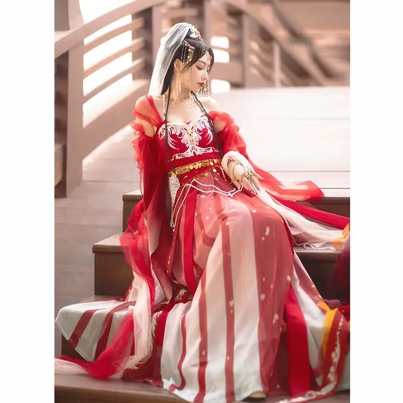 Red Hanfu traditional Chinese style embroidered women's robe high quality daily activities Western Flying Fairy girl skirt