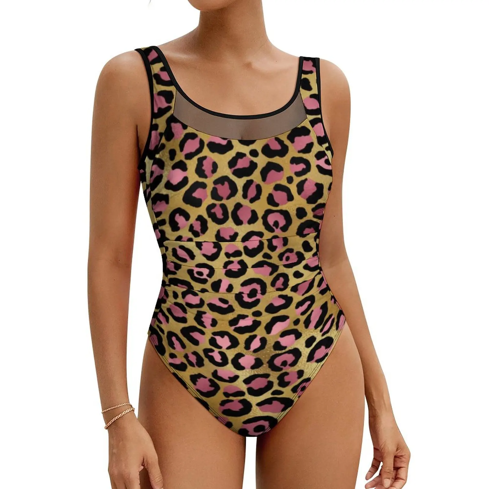 Gold Pink Leopard Swimsuit Animal Print One-Piece Swimwear Push Up Fashion Monokini Sexy Sport Pattern Beachwear