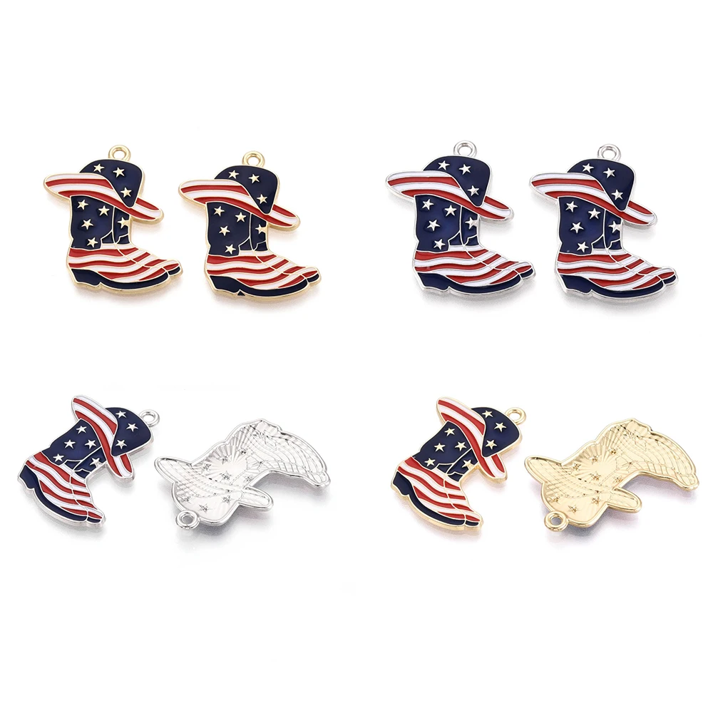 

10-100pcs Independence Day Theme Alloy Enamel Pendant Light Gold Cowboy Boot with Hat & Star Drop Oil Charms DIY Jewelry Making