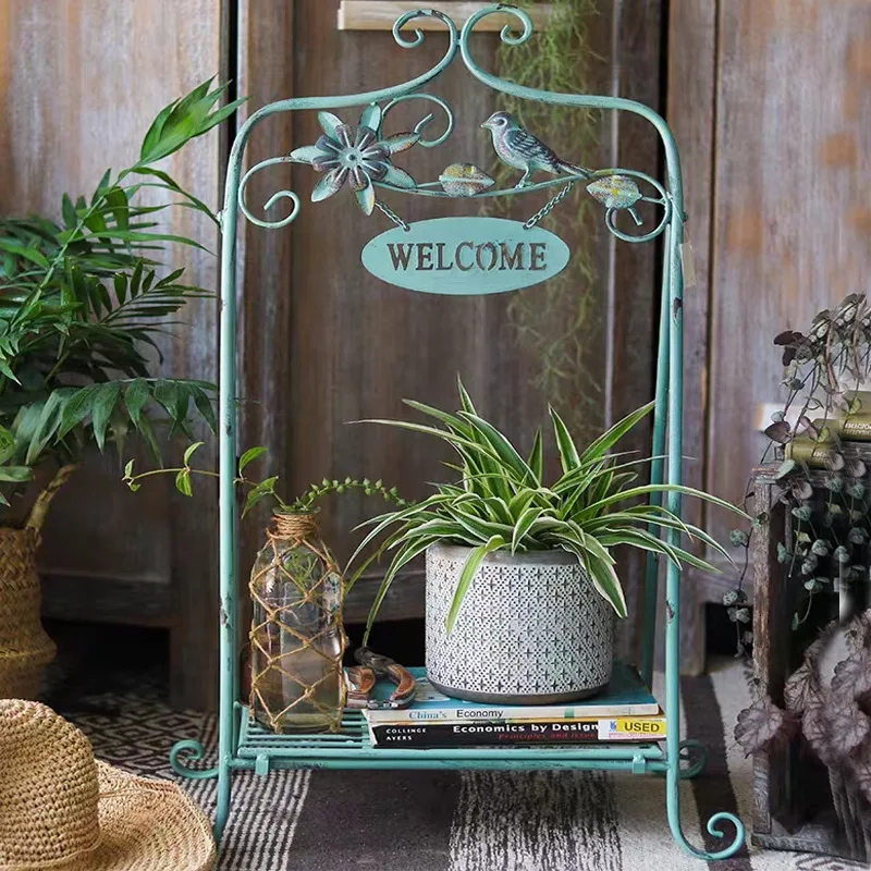 Wrought iron flower stand garden with base bird welcome stand floor bird decoration display flower pot shelf