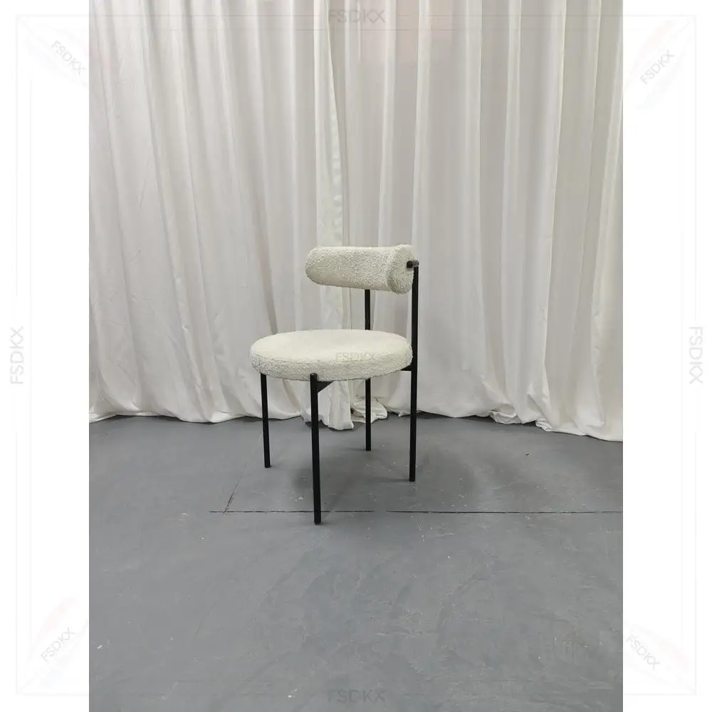 

Modern Nordic White Wool Blend Boucle Fabric Black Metal Leg Cafe Lambswool Dining Chair