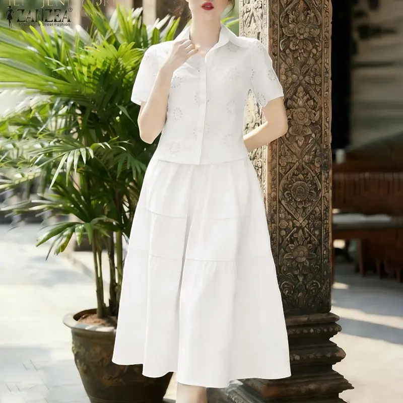 ZANZEA Elegant Women 2 Piece Sets Summer Outfits 2026 Stylish Short Sleeve Hollow Out Shirt Dress Sets Solid OL Work Skirt Suit