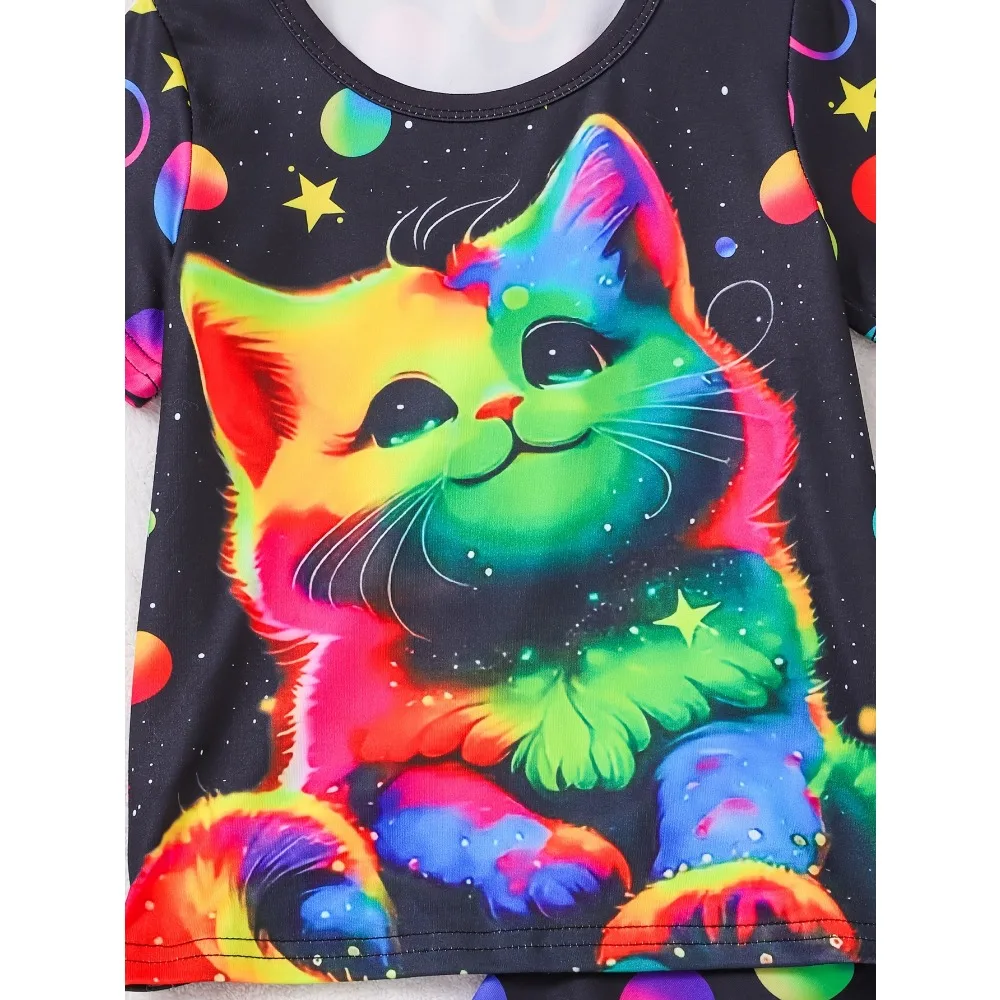 2024 Two Girls Cute Pajamas Set Fluorescent Colorful Cat Print Short-sleeved Shirt and Shorts Comfy Cute Princess Style Pajamas