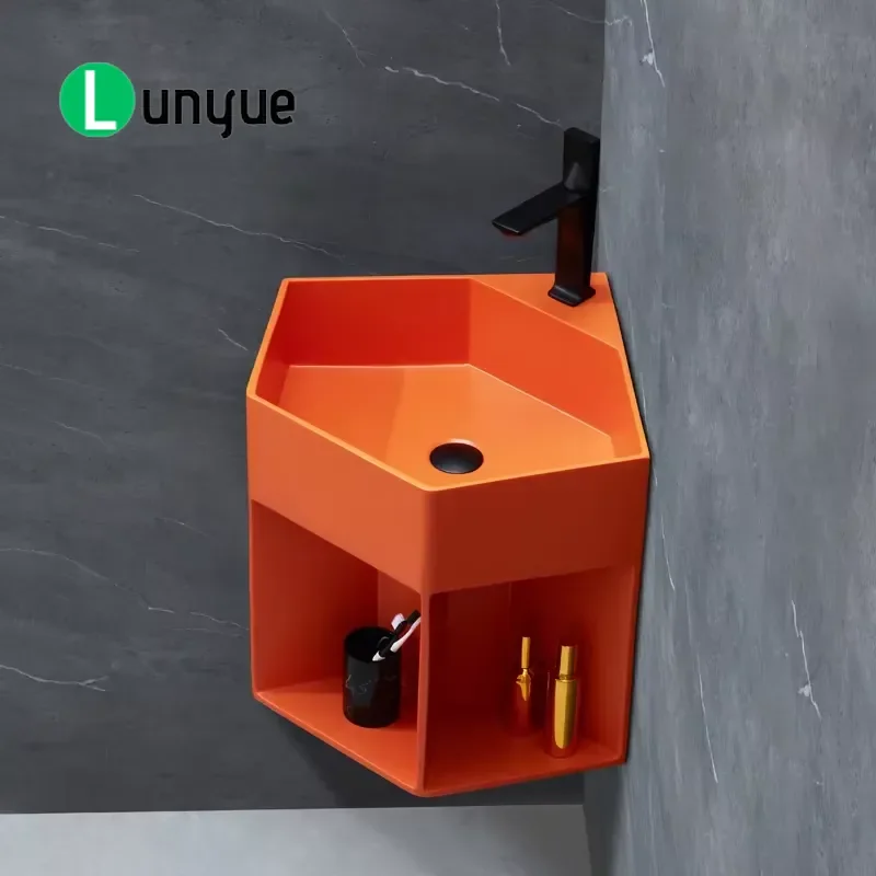 New Mold Artificial Stone Wall Mounted Corner Pentagon Sink Orange Washbasin for Bathroom Modern Design Space Saving Decor