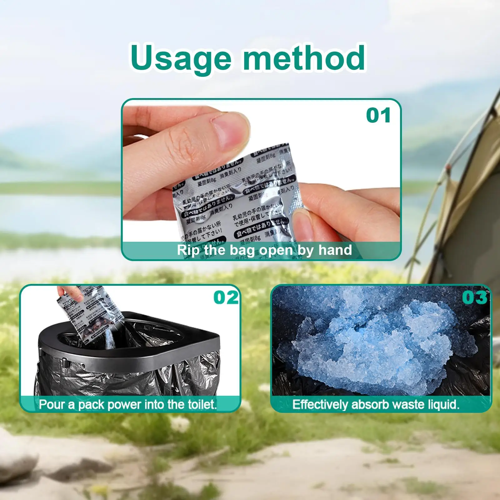 

Туалетный порошок для кемпинга, 50 пакетов, быстрая коагуляция, средства для гигиены и санитарии на природе, портативный безопасный туалетный гель для мочи для взрослых ﻿