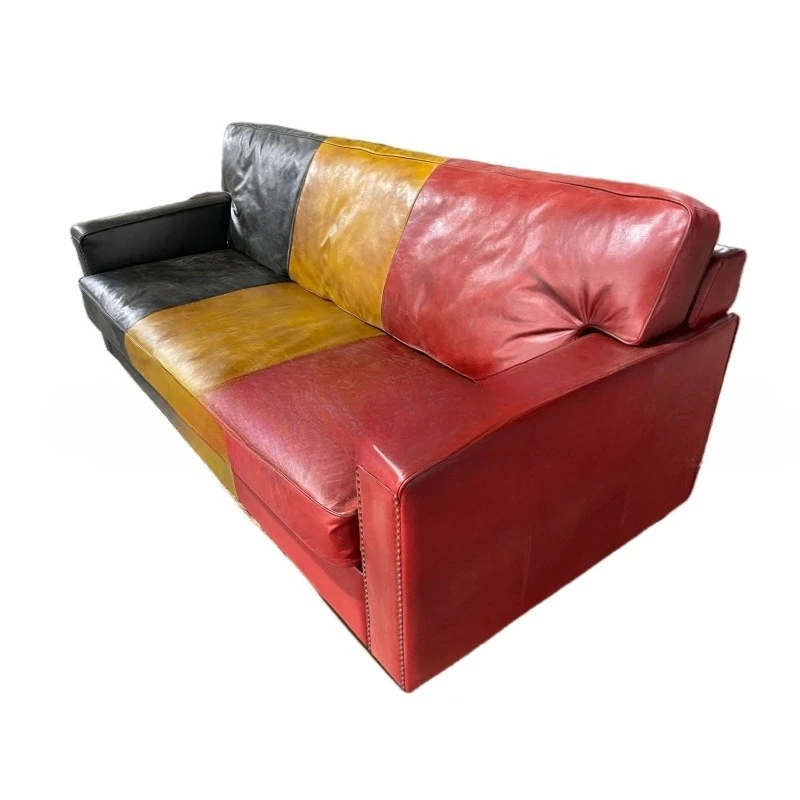 Furniture sofa hand-polished first layer cowhide full leather three colors, national flag retro style