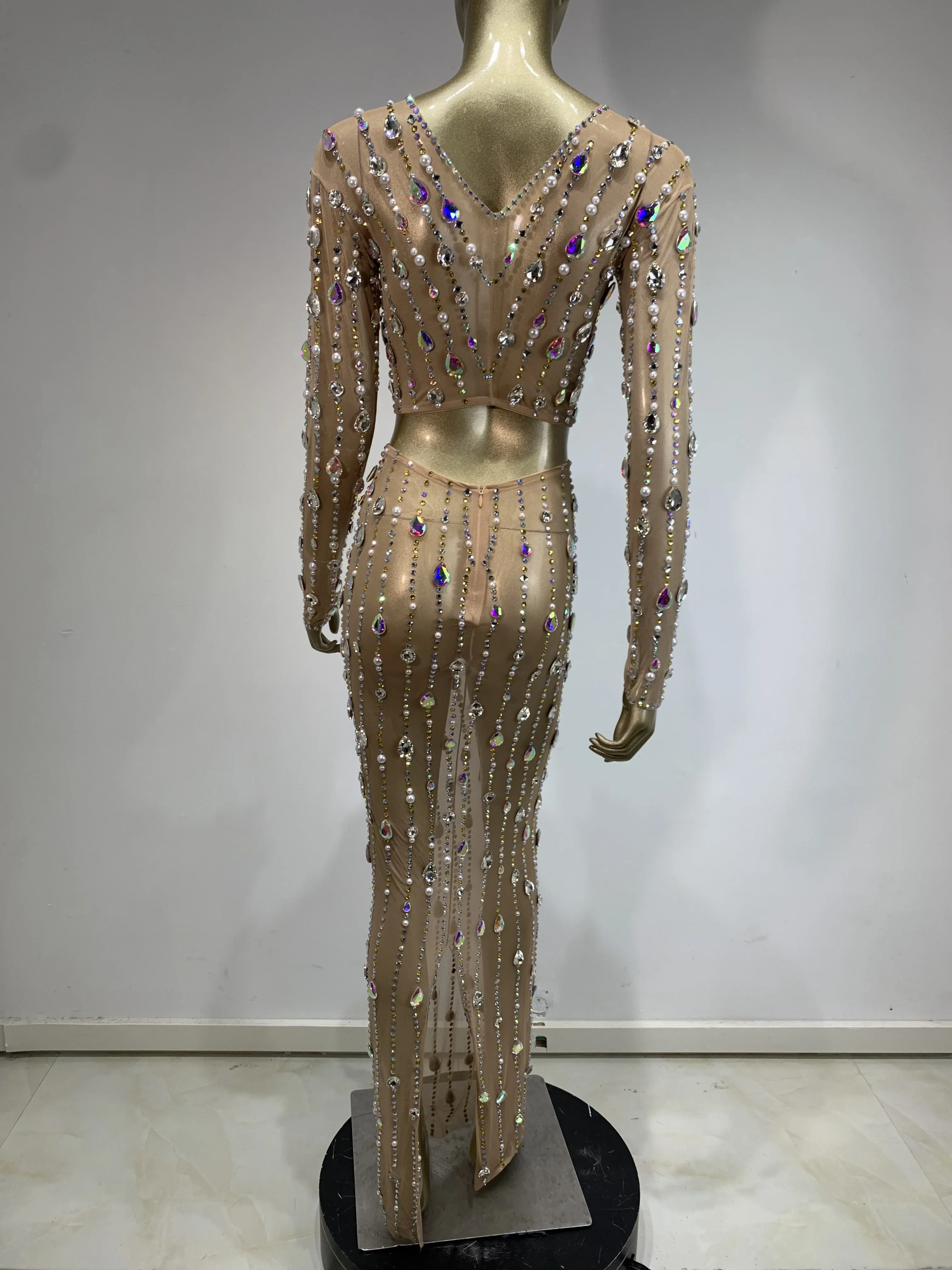 럭셔리 스파클링 라인 석 진주 섹시한 메쉬 긴 소매 스커트 세트 무대 의상 여성 클럽 저녁 파티 드레스를 통해 볼