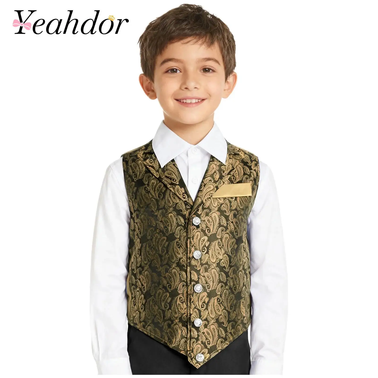 

Детский классический жаккардовый мужской жилет для мальчиков, жилеты без рукавов с лацканами, жилет с асимметричным подолом для официальных мероприятий, вечеринок, банкетов