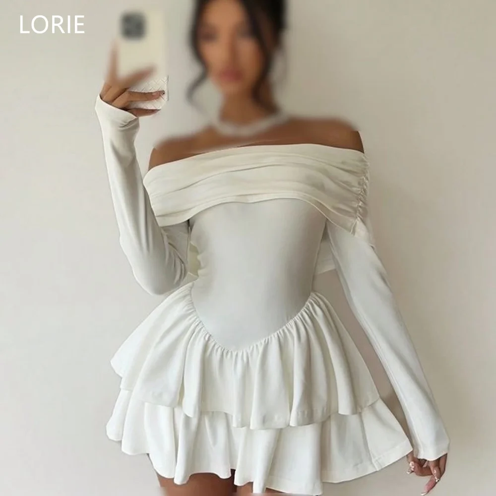 

LORIE Sexy Mini Party Dresses Off The Shoulder Full Sleeves Evening Prom Dress Tiered Ruched A-Linie Cocktail Dress Customized