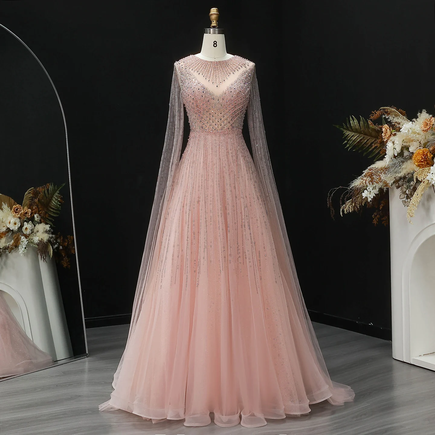 Sharon Said Luxuriöse Dubai Perlen-Kristall-Tüll-Abendkleider Elegante Cape-Ärmel Formelle Ballkleider SS054 Maßanfertigung – Detail 10