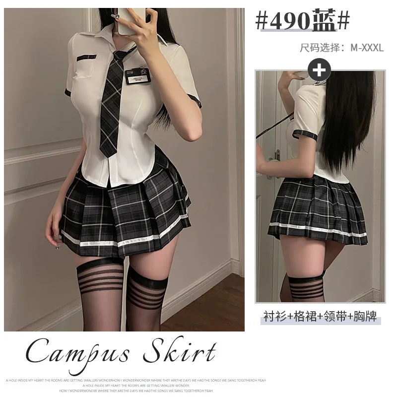 Womens School Girls Uniform Short Sleeve Shirt with Plaid Pleated Skirt and Tie Cosplay Outfits  Anime Lingerie Japanese Korean