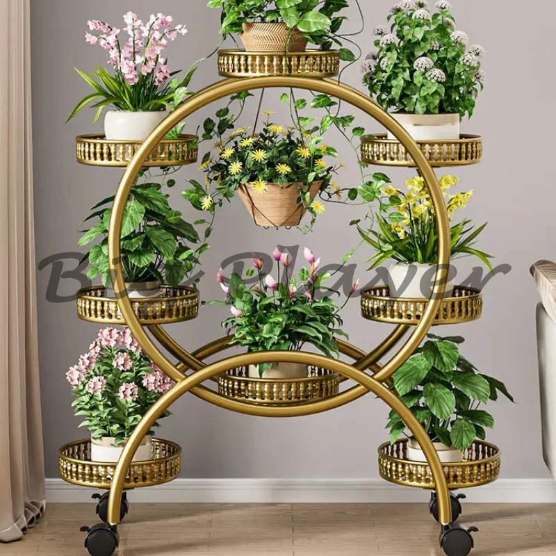 車輪付き金属製植物スタンド 屋内および屋外の庭用の6ポットフ - Outdoor Furniture On Sale のレビューと価格