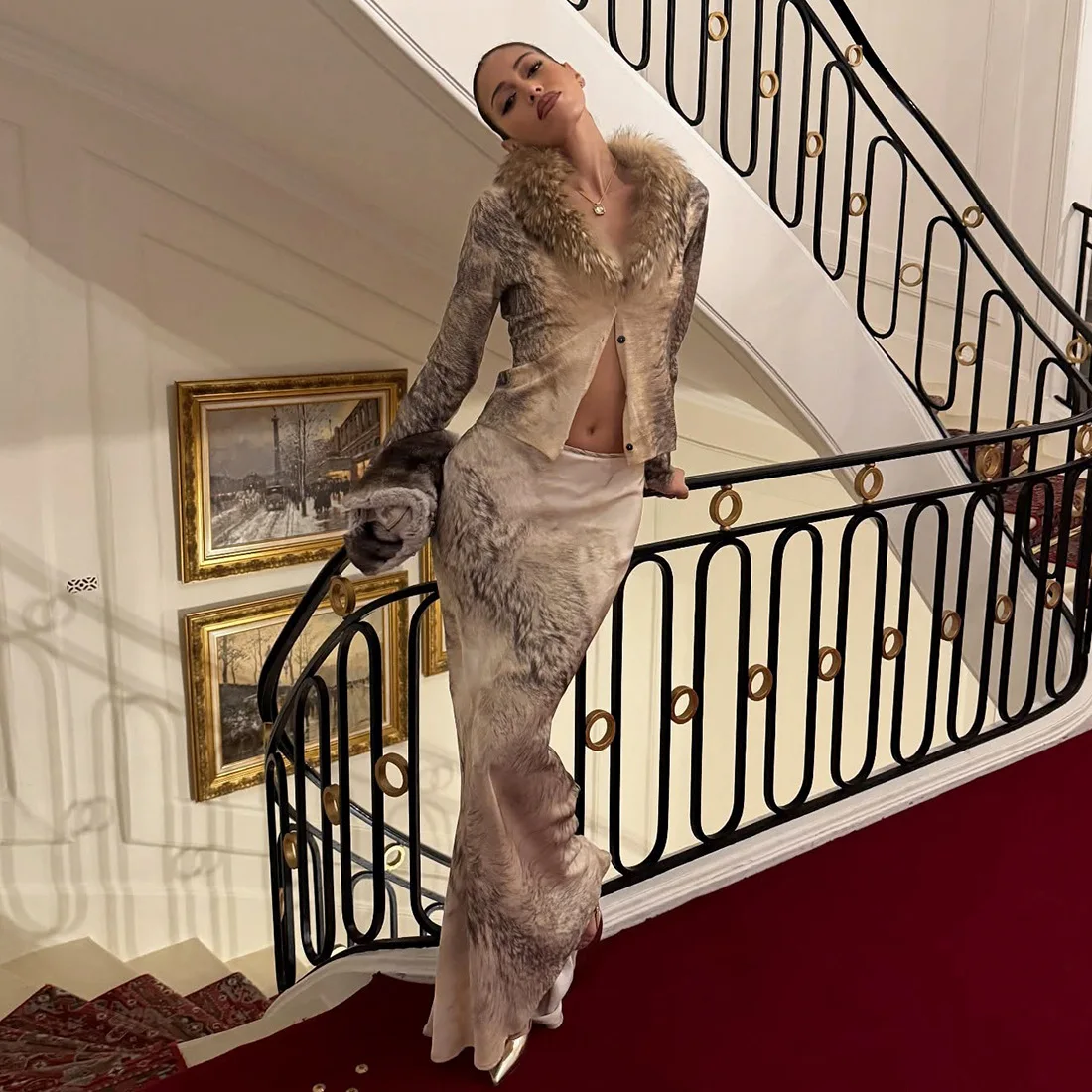 

2025 Fall Winter Print 2 Piece Set Faux Fur Collar Long Sleeve Single Breasted Cardigan Tops + Bodycon Maxi Skirts Casual Suits