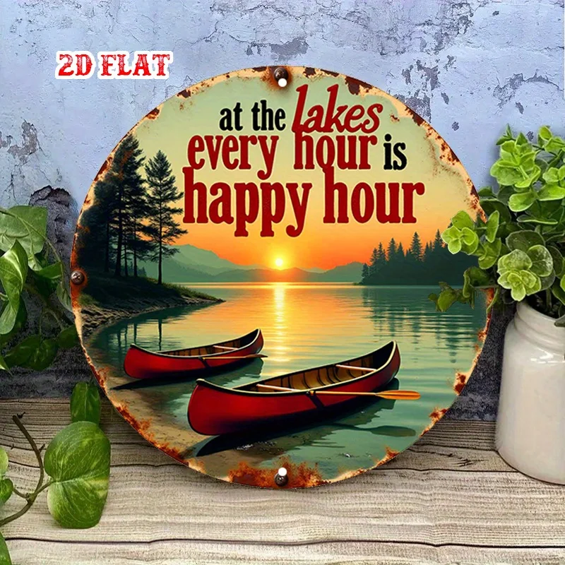 Vintage Lakeside Sunset Metal Wall Art - Round Cabin Decor with Red Canoes & 
