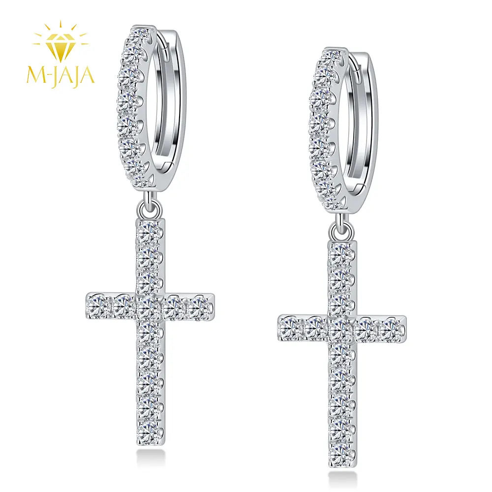

M-JAJA Moissanite Cross Drop Pedant Earrings for Women S925 Sterling Silver Diamond Hoop Earrings 18K Gold Plated Fine Jewelry