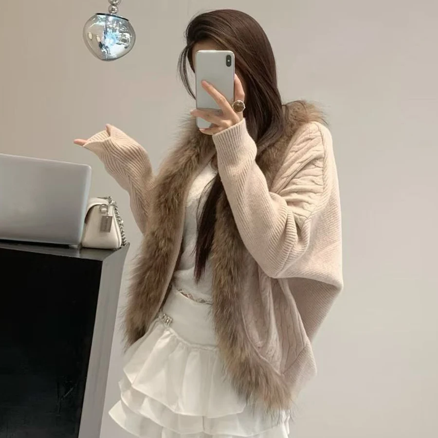 هوديي حقيقية الراكون الفراء طوق البلوزات للمرأة سترة الكشمير المعنقة الخريف الشتاء نمط جديد سترات من فراء الكشمير