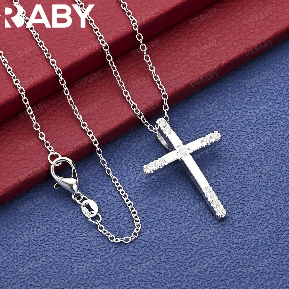 

URBABY 40-75cm 925 Sterling Silver Zircons Cross Pendant Necklace Anniversary Gift Popular Wild Fashion Romantic