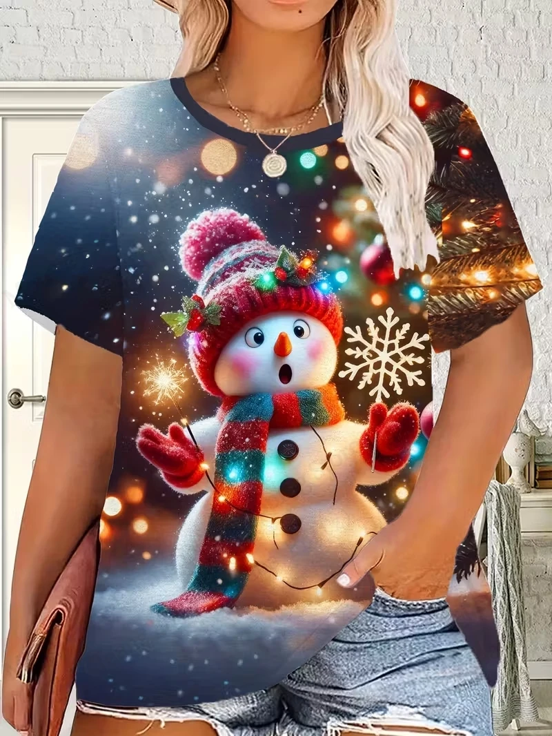 

New Cute Snowman 3D Print T-shirt Women Fashion Oversized Short Sleeve Party Tshirt Christmas Essential Tops Tees Autumn Winter