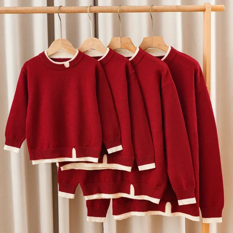 Mother and Daughter Knitted Jumper New Year Family Matching Red Knit Sweater Christmas Father and Son Children Knitted Pullover