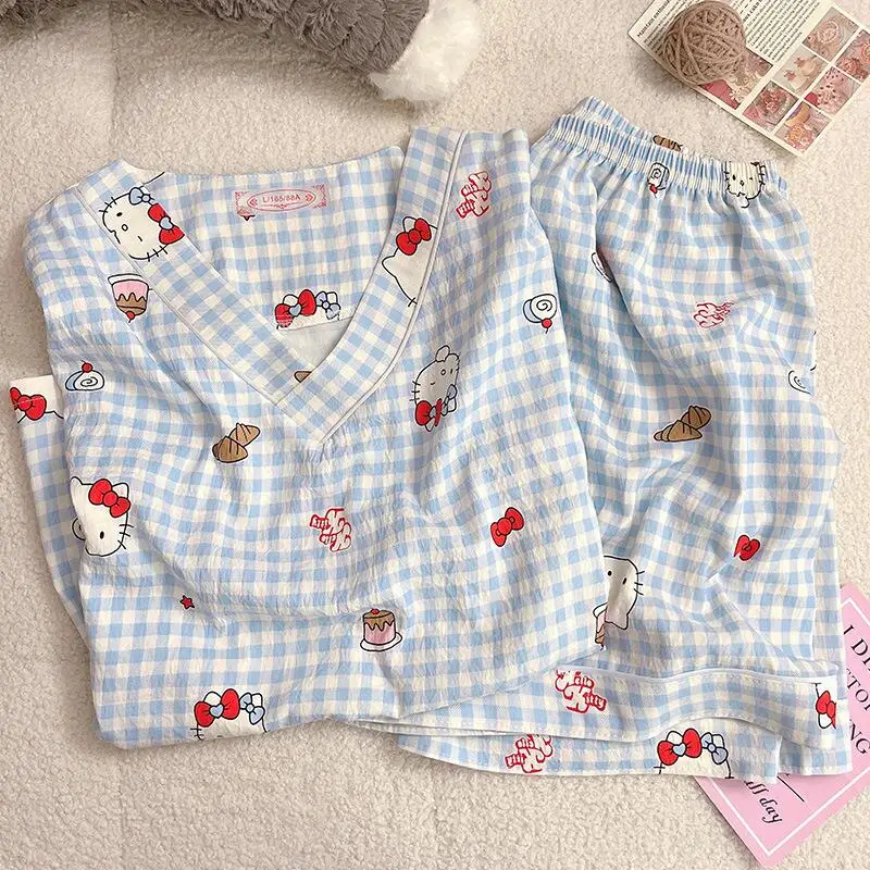

Hello Kitty Pajamas Set Summer Woman Cute Cat Head Print Grid Top and Shorts Leisure Home Clothing Student Pajamas Girl's Gift