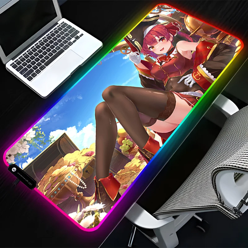 RGB LED Mouse Pad Computer Desk Accessories Mouse Mat Rubber Keyboard Pad H-hololive Houshou Marine Non Slip Mousepad Desk Mat