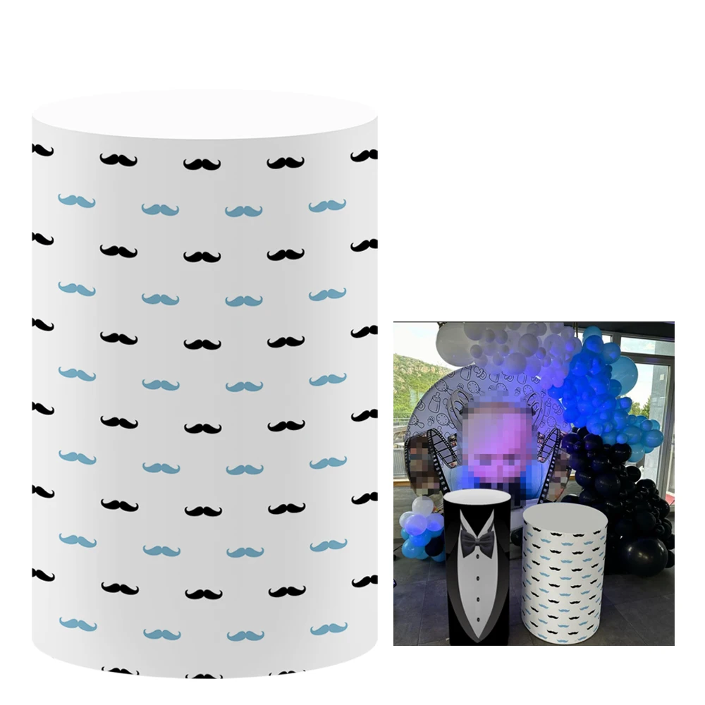 Mustache Pattern Cylinder Plinth Cover for Baby Little Boss Birthday Parties Decor Stretchy Pedestal Cover Tablecloth Props