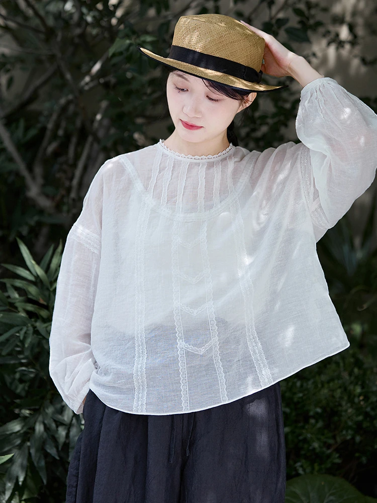 

Women Long Sleeve Blouse Shirt New Arrival 2025 Summer O-neck Lace Loose Comfortable Female Casual Cotton Tops Shirts M1832