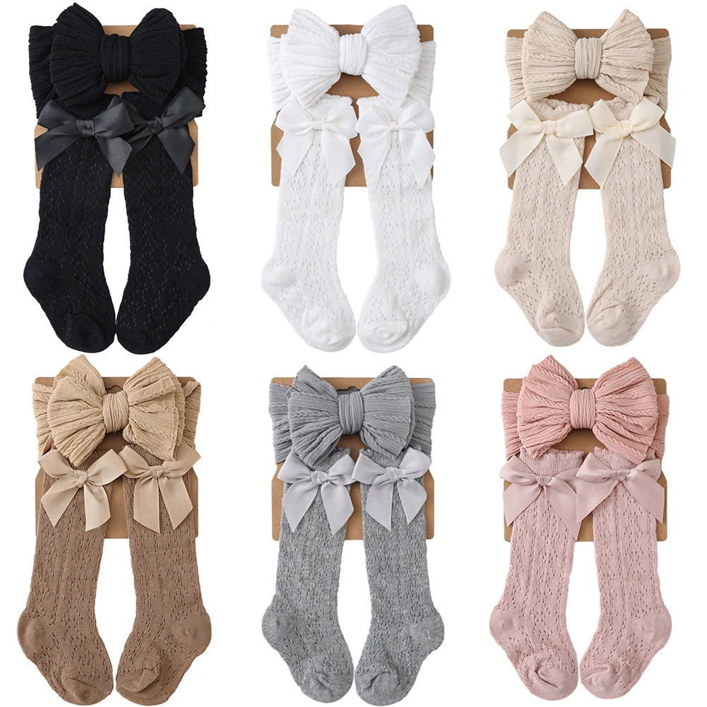 Conjunto de 2 Lazos y Diadema para Recién Nacida, Calcetines de Algodón Tejido para Bebé, Accesorios para Fotografía de Recién Nacidos, Gorro para Bebé