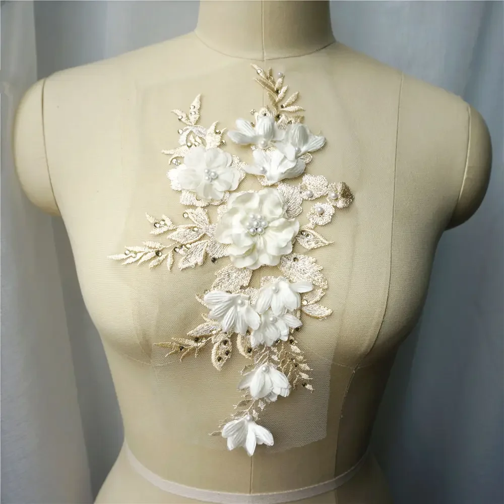 ウェディングドレスの装飾のための刺繍された生地、3Dフラワービーズ、ラインストーンのアップリケ、メッシュ縫製パッチ、DIYドレス、白、青、赤