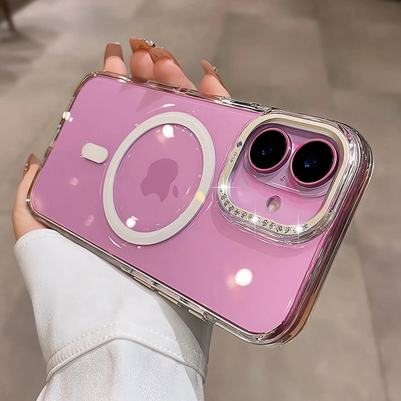 حافظة لهاتف آيفون 16 برو ماكس ذهبية شفافة Magsafe لهاتف آيفون 16 بلس 15 برو ماكس بلينغ الماس حماية العدسة غطاء مقاوم للصدمات