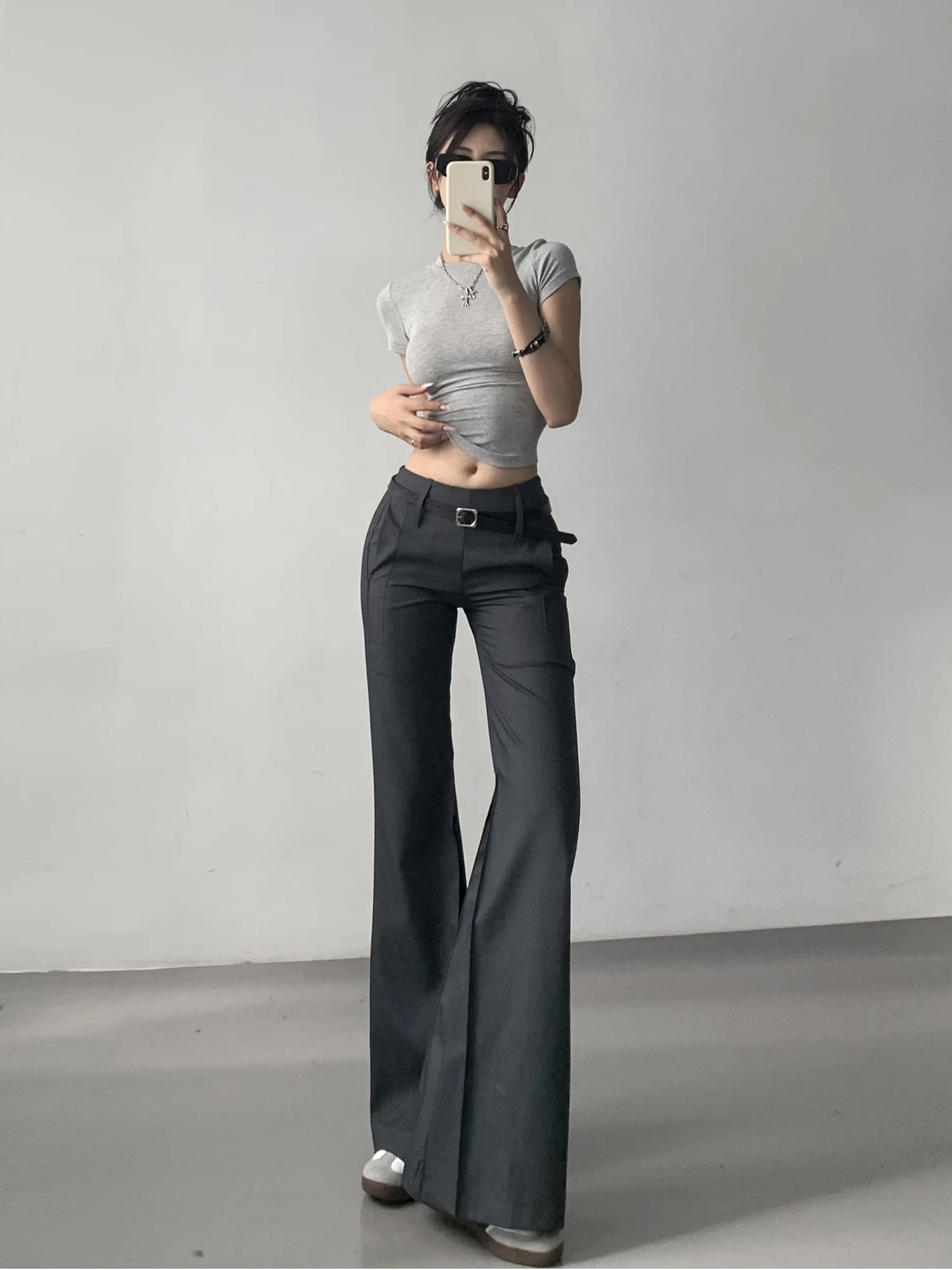 

Low Waist Slim Fit Trousers Supermodel Elastic Wide Leg Pants Korean Style Commute Fashion Casual Pants Long Leg Length