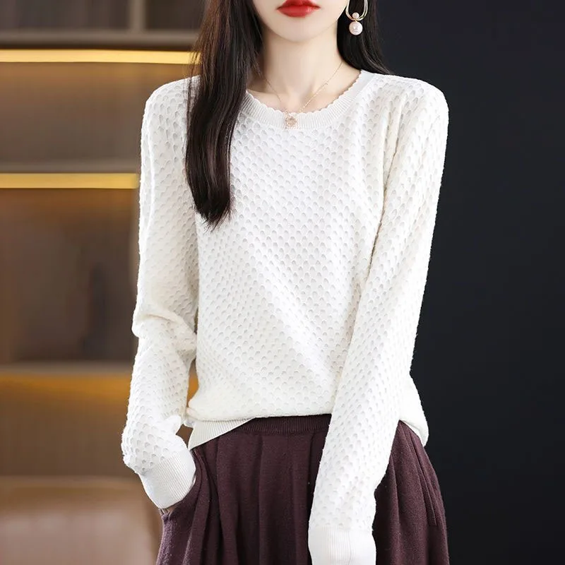 New Autumn and Winter Fashion High Grade Jacquard Design Sense Solid Color Versatile Loose Thick Round Neck Long Sleeve Sweater