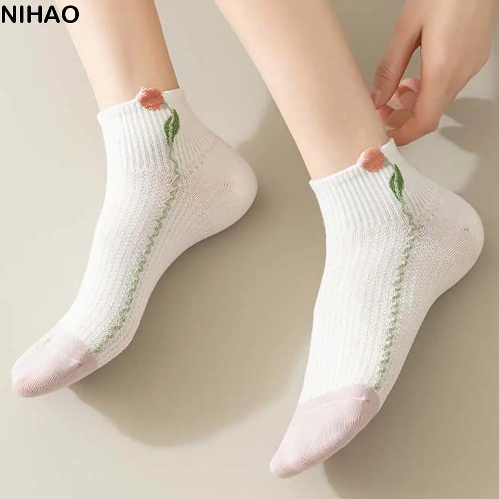 Fashion Cotton Women Flower Short Socks Female Hosiery Purple White Flower Ankle Socks Elastic Tulips Flower Boat Socks Spring