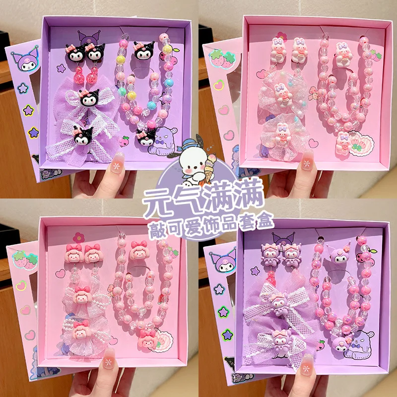 

Anime My Melody Lolita Accessories Children Kuromi Necklace Ring Jewelry Set Sweet Princess Hair Clip Gift Box Accessories