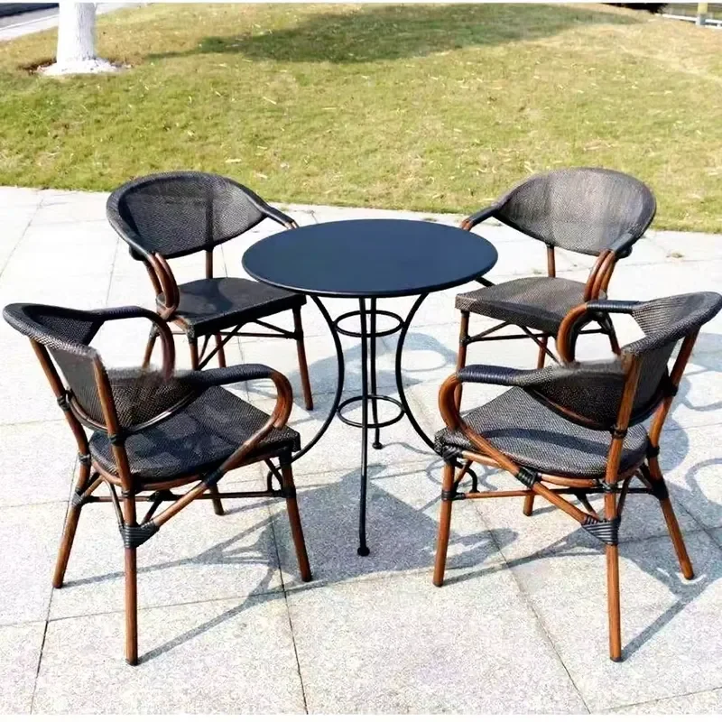 French Style Stackable Aluminum Wicker Rattan Dining Chairs Lightweight Durable Portable Outdoor Garden Patio Furniture