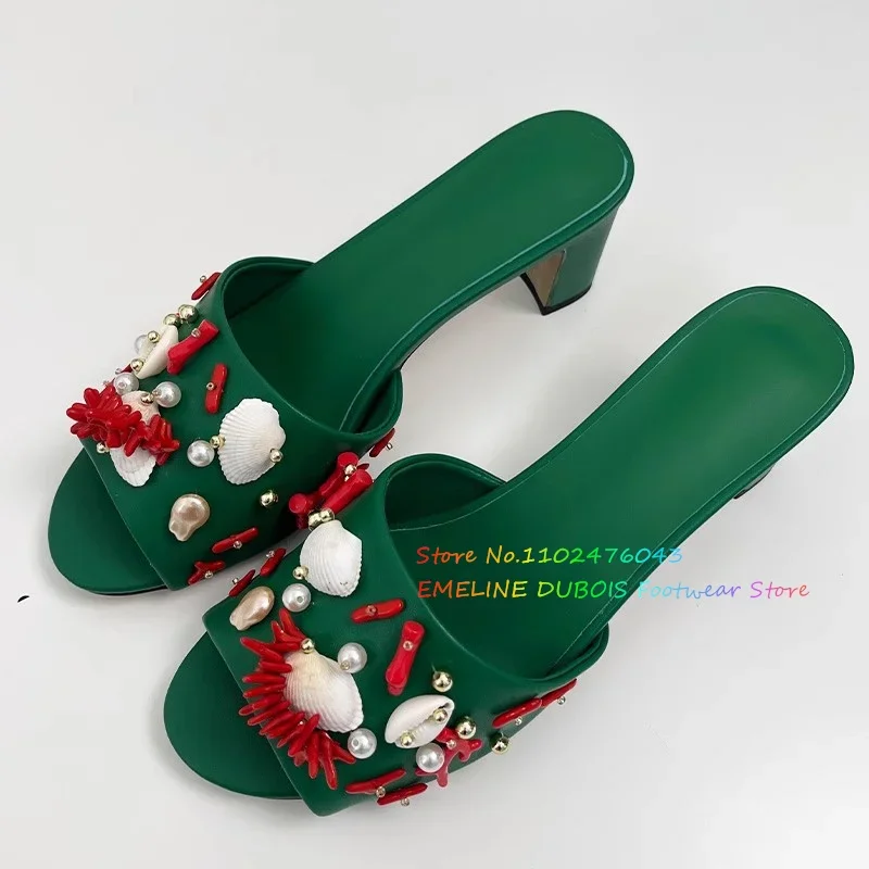 

Water Diamonds Open Toed High Heels Cool Slippers Women Luxury Coral Seashell Embellishment Flower Leather Slingbacks Mules