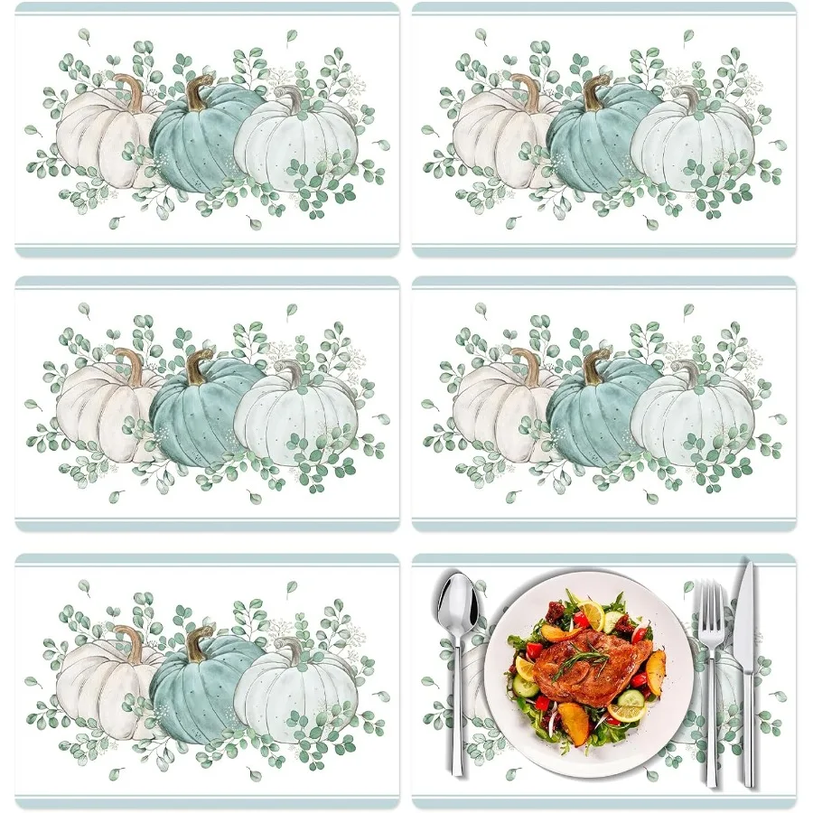 

Fall Placemats Set of 6 11 x 15.7 Ihes Washable Thanksgiving Vinyl Table Mats Watercolor Green Leaves Blue Pumpkin Plastic Plac